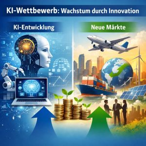 Alt-Text: Unternehmen im KI-Wettbewerb mit Fokus auf zwei Wachstumsbereiche: KI-Entwicklung und neue Märkte